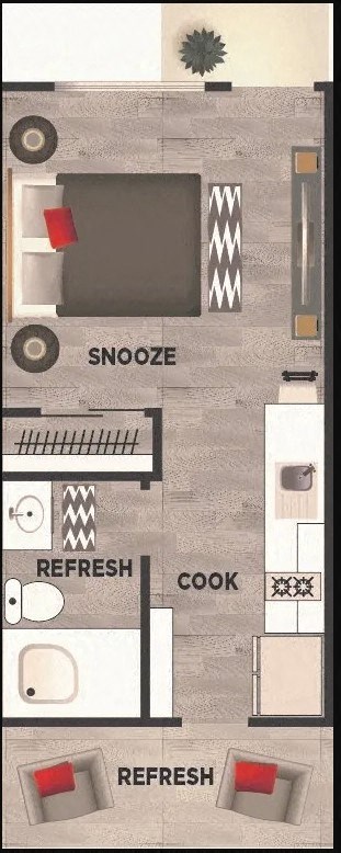 Floor plan for studio, 1 bath, 300 sqft